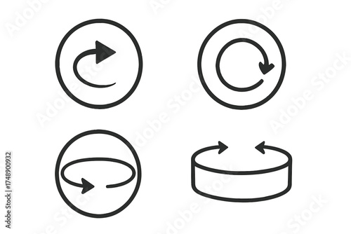 360 degree vector circle icons set. Signs with arrows indicating rotation, panorama, and virtual tour. Refresh, reload, and spin symbols for UI and UX design. Isolated illustration.