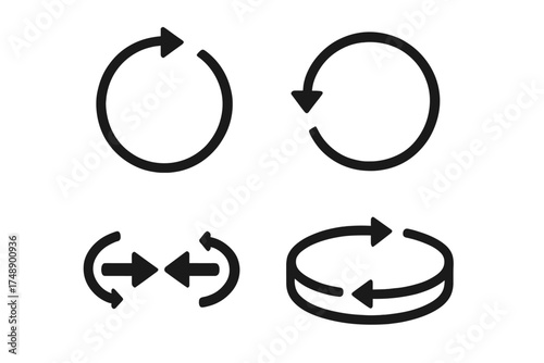 Set of 360 degree vector circle icons. Signs with arrows for rotation, panorama, and virtual tours. Reload, refresh, and recycle symbols. Abstract graphic element.