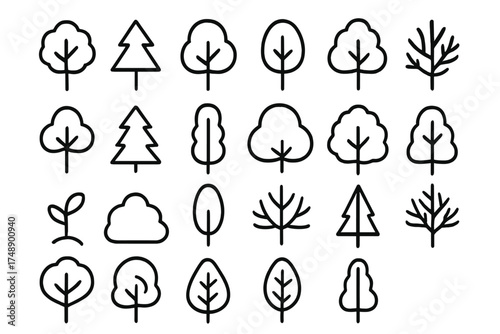 Big collection of tree line icons. Simple minimalist forest and nature symbols. Wood plant vector set. Sapling illustration. Black outline botanical graphics on transparent background.