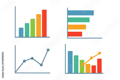 Colorful bar and line graph templates for business infographics. Vector chart and diagram elements for data visualization, statistics, financial report, analytics, and presentation.