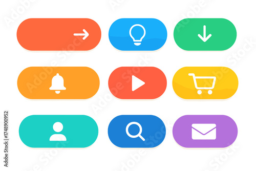 Colorful rounded web buttons set with icons for read more, learn more, download, subscribe, buy now, sign up, search, contact us. Modern UI design elements. Vector.