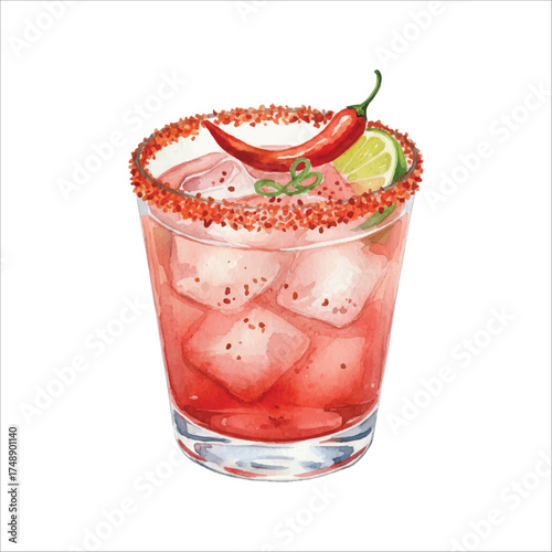 Watercolor Spicy Red Cocktail with Chili Salt Rim on White Background

