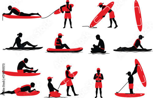 paddleboarding silhouettes, water sport poses, board carrying, sitting on paddleboard, standing paddling, life vest, cap, aquatic activity, surf style, black red vector