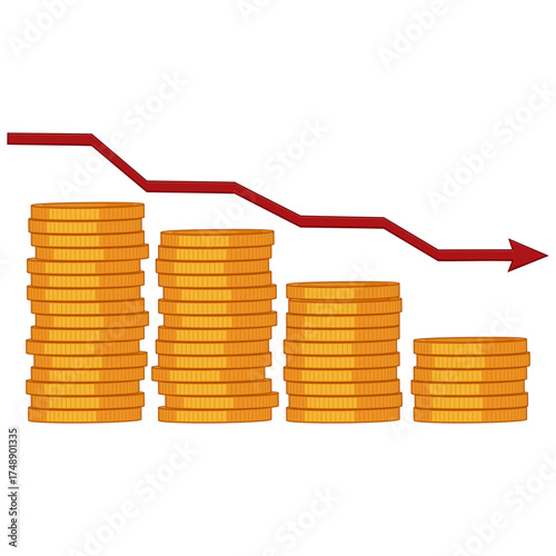Financial Decline Stacks of Coins and a Red Arrow Indicating Loss
