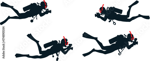 scuba diver silhouettes, underwater motion, diving gear, ocean exploration, fins and tank, swimming posture, marine activity, sea adventure, black and white