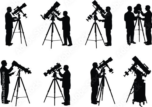 Telescope silhouette illustration, people observing sky with tripod-mounted scopes, black vector art, astronomy posture, scientific exploration scene, stargazing activity moment