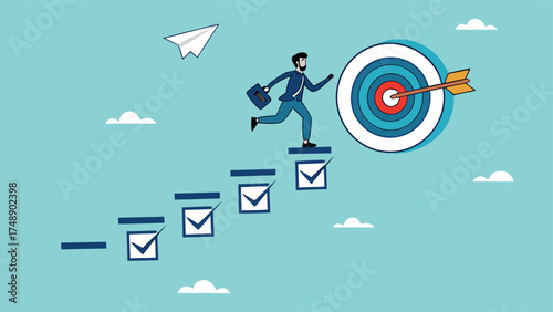 personal development goals for work, train specific skills or competencies to achieve career success, self improvement or career growth, Businessman walk up checklist as a ladder to reach target

