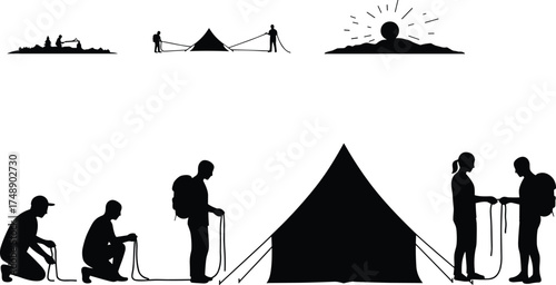tent setup illustration, camping teamwork, outdoor activity, rope handling, mountain sunrise, campsite preparation, silhouette sequence, hiking scene, black and white, adventure