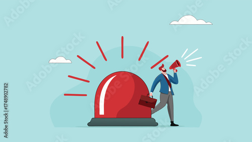 state of emergency declaration, provide emergency information to others as a precaution, warning about danger concept, businessman with megaphone giving instructions about current state of emergency

