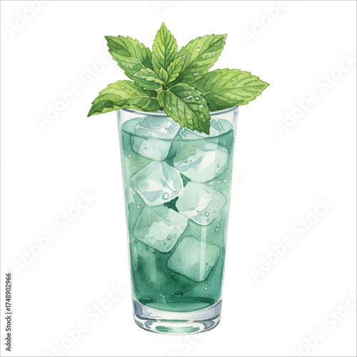 Watercolor Mint Sprig Cocktail with Ice in Tall Glass on White Background
