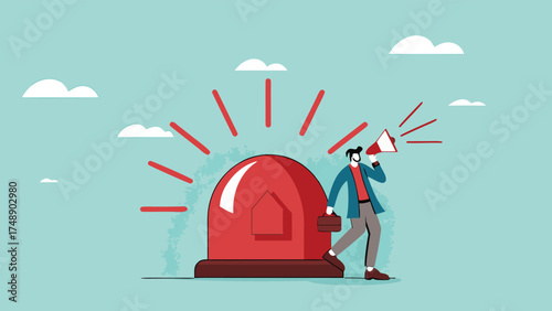 state of emergency declaration, provide emergency information to others as a precaution, warning about danger concept, businessman with megaphone giving instructions about current state of emergency

