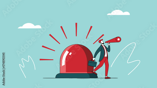 state of emergency declaration, provide emergency information to others as a precaution, warning about danger concept, businessman with megaphone giving instructions about current state of emergency

