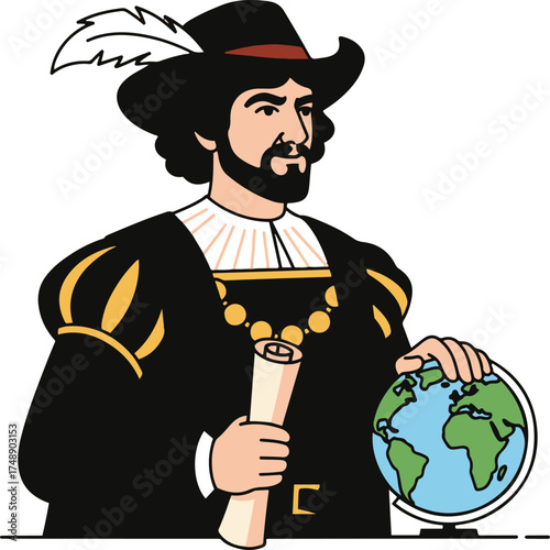 Cartoon illustration of a historical explorer or conquistador in period attire, holding a globe and a rolled map.