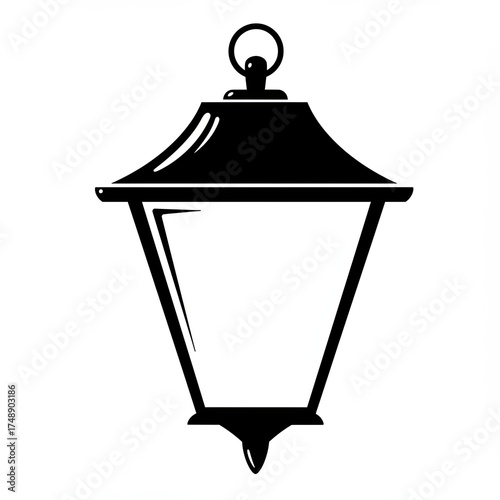 The simple black silhouette against white background depicts a classic, vintage-style street lamp with ring for hanging, commonly used outdoor illumination.