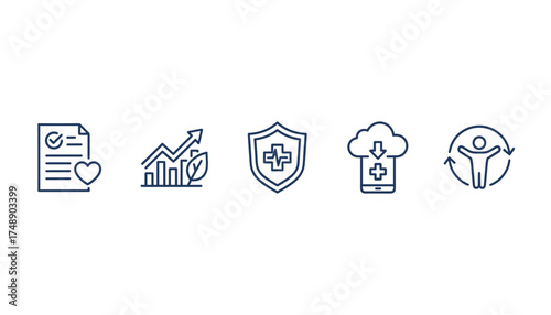 Health report and medical icon set. Thin line vector icons for healthcare, insurance protection, patient recovery, cloud data technology, and organic business growth chart.