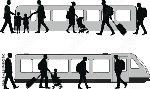 Train station silhouettes, travelers with luggage, family and stroller vector, public transport scene, walking passengers, black icons, urban mobility, travel behavior