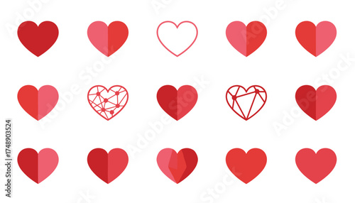 Heart icon set vector collection. Flat design love symbols. Geometric polygon heart. Valentine's Day romance graphic element. Love, passion, feeling concept. Wedding decoration.