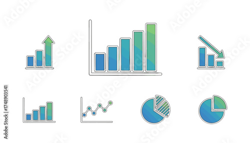 Vector chart and graph icon set for business data analysis. Bar chart, pie chart, line graph symbols for infographic, presentation, report. Growth, decline, finance statistics.