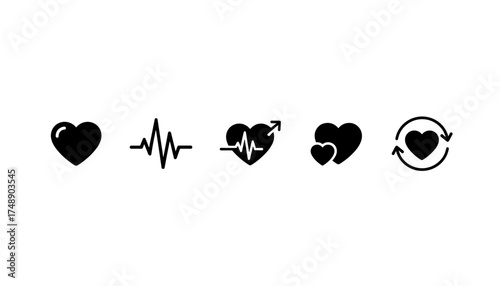 Heartbeat vector icon set. EKG and ECG cardiogram pulse line. Heart symbol for love, health, and cardiology. Medical rhythm and vital signs graphic element for fitness apps.