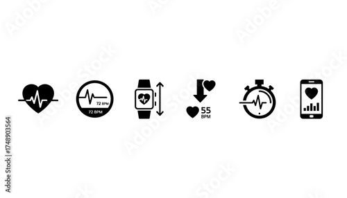 Heart rate monitor vector icon set. Heartbeat pulse line, EKG, ECG symbol. Cardio fitness app for smartwatch and phone. Medical health diagnostic graphic. BPM measurement.
