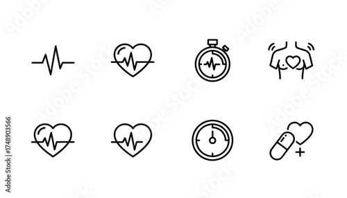 Heartbeat line and pulse trace icon set. Vector cardiogram and ECG graph collection. Medical heart rate monitor symbol. Cardiac rhythm diagnostic. Health care and cardiology.