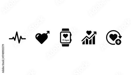 Heart rate monitor icon set. Vector collection of heartbeat, pulse line, EKG, and smartwatch fitness tracker symbols. Male health, cardiology graph, and vital signs icons.