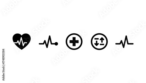 Heartbeat line vector icon set. ECG EKG pulse rate wave. Medical cardiogram graphic. Cardiology health care concept. Heart rhythm chart with normal sinus and arrhythmia.