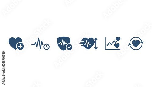 Heartbeat vector icon set. Medical and healthcare symbols for heart health, pulse rate, vitals monitoring, and cardiology. EKG line, cardio graph, and health insurance concepts.