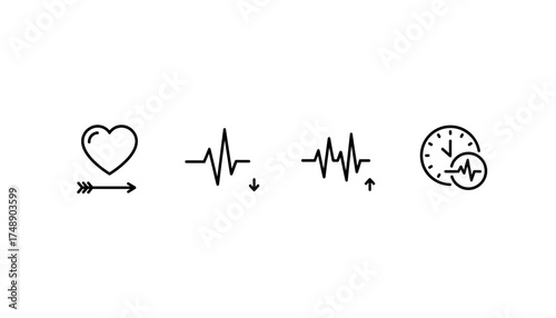 Heartbeat line vector icon set. Pulse rate monitor graph. ECG EKG signal. Cardiology medical symbol. Health care concept. Tachycardia arrhythmia bradycardia. Heart arrow love.