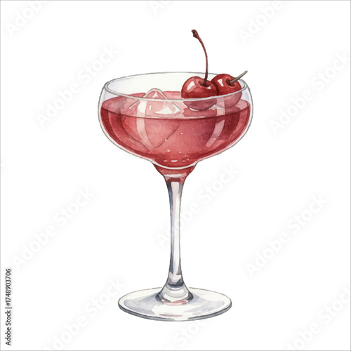 Watercolor Red Cocktail with Maraschino Cherries in Coupe Glass on White Background
