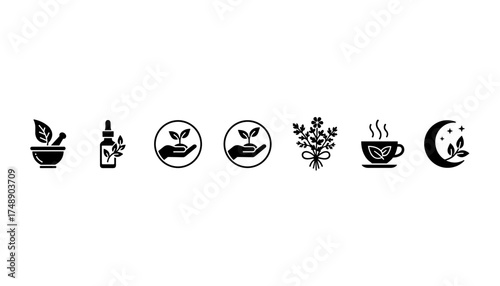 Herbal medicine and natural remedy vector icon set. Symbols for aromatherapy, homeopathy, and wellness. Includes mortar, pestle, essential oil, tea, and botanical elements.
