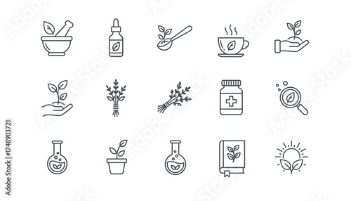 Herbal medicine thin line icon set. Vector symbols for naturopathy, homeopathy, alternative medicine, natural remedies, phytotherapy, botanical science, and organic products.