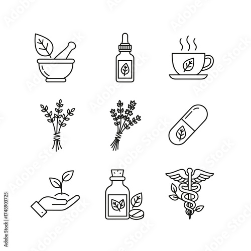 Herbal medicine icon set. Thin line vector illustrations for alternative therapy, natural remedies, and homeopathy. Phytotherapy, wellness, and organic botanical concepts.