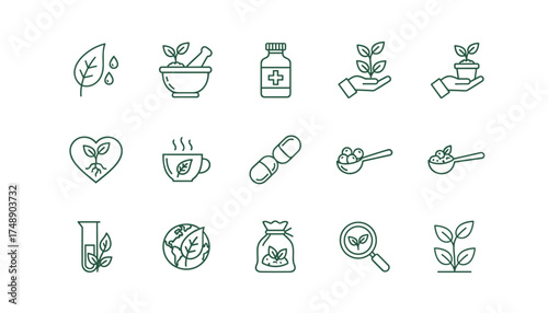 Herbal medicine thin line icon set. Naturopathy and alternative remedy symbols. Vector collection of natural supplements, organic tea, homeopathy pills, and phytotherapy.