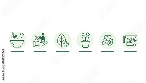 Herbal medicine thin line vector icon set. Natural remedy, alternative health, and organic supplement concepts. Phytotherapy, homeopathy, wellness and cosmetic symbols.