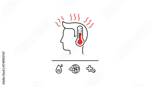High body temperature and fever vector icon set. Sickness, illness, and flu symptoms. Man with thermometer in head. Heatstroke, headache, and disease concept. Medical care.