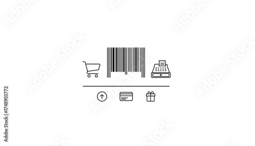 Retail and commerce thin line vector icon set. Shopping concept with barcode, cart, cash register, credit card, and payment symbols. For e-commerce, transaction, purchase.