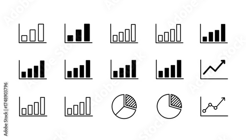 Chart and graph vector icon set. Business data visualization symbols. Bar chart, pie chart, line graph for finance report, marketing analysis, statistics, infographic design.