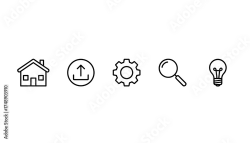 Website navigation menu thin line icon set. UI UX essential graphic elements. Vector symbols for homepage, upload, settings, search and new idea. Simple flat outline pictogram.