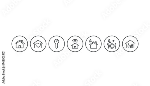 Home icon set vector thin line. House and family symbols. Real estate, smart home, security key, and lifestyle concepts. Sweet home with heart, dinner, and wifi connection.