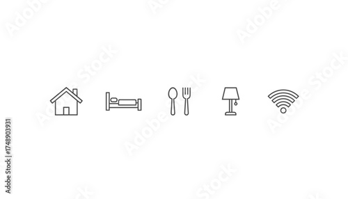 Hospitality services thin line icon set. Hotel amenities vector symbols for accommodation. House, bed, restaurant, and free wifi internet access for property rental concept.