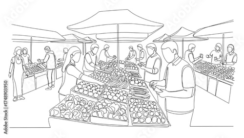 Continuous Line Art of People Browsing Market Stalls, Buying Fruits and Vegetables, Minimalist Black and White Illustration of Everyday Shopping