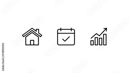Real estate investment icon set. Property market growth concept. Home finance planning symbol. House mortgage schedule vector. Business success chart and graph illustration.