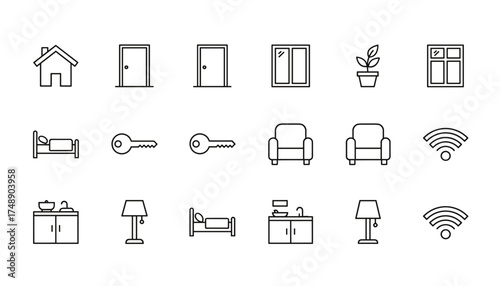 Home interior thin line icon set. Vector symbols for real estate and housing. House furniture collection. Outline pictogram graphic for web and app design. Bed, door, key, lamp, wifi.