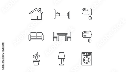 Vector set of home thin line icons. Furniture, interior and household appliance symbols. Editable outline pictograms. House, sofa, bed, table, chair, lamp, plant, mixer, washer.