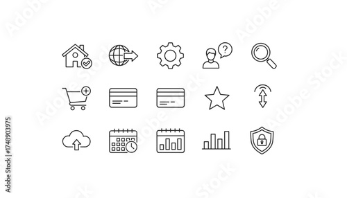 Web and e-commerce thin line icon set. Homepage, shopping cart, payment, search, and security symbols. UI UX graphic elements for website and mobile app design. Business vector icons.