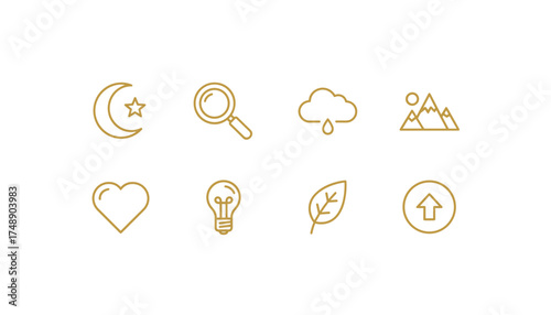 Thin line gold vector icon set. Collection of simple outline symbols. Moon, search, rain, mountain, heart, lightbulb, leaf, and upload signs. Minimalist design elements for web.