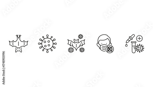 Coronavirus line icon set. Bat animal carrier of the virus. Concept of zoonotic disease, pandemic, epidemic. Medical test, virology research, face mask protection icons.