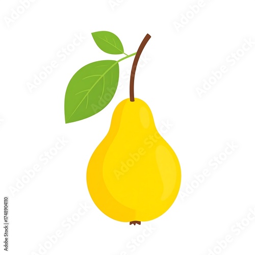 A bright yellow pear with green leaves is featured against a plain white background.