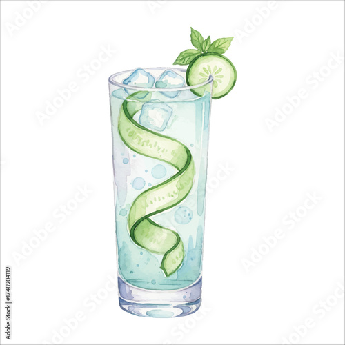 Watercolor Cucumber Ribbon Cocktail in Tall Glass on White Background
